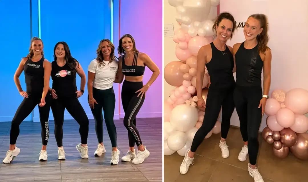 Two photos: Left shows four women in fitness attire posing in a studio with blue and pink lighting. Right shows two women in black workout clothes posing in front of pink and white balloons. All are smiling and appear to be enjoying themselves.